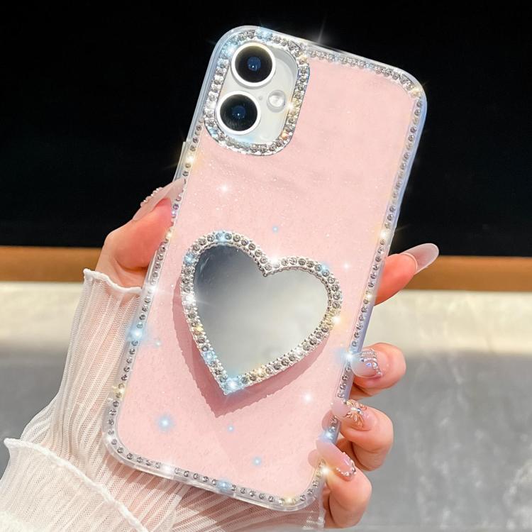 For iPhone 16 Plus Diamond Glitter Mirror Heart Holder Phone Case