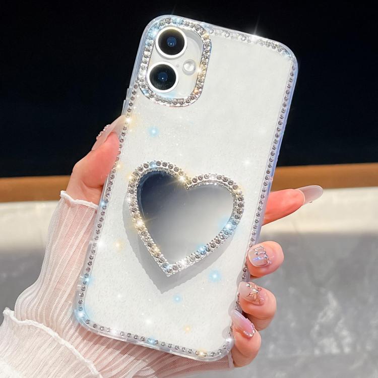 For iPhone 16 Plus Diamond Glitter Mirror Heart Holder Phone Case
