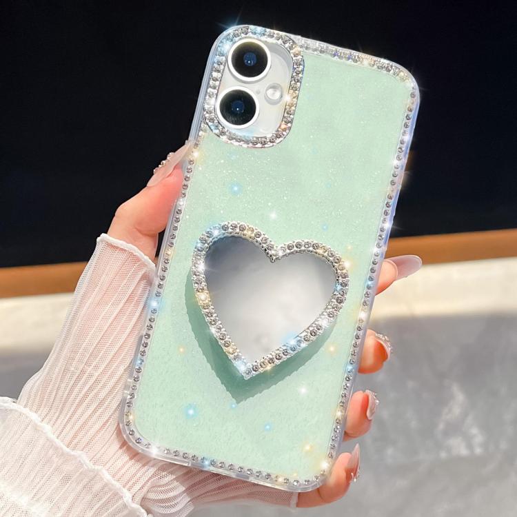 For iPhone 16 Diamond Glitter Mirror Heart Holder Phone Case