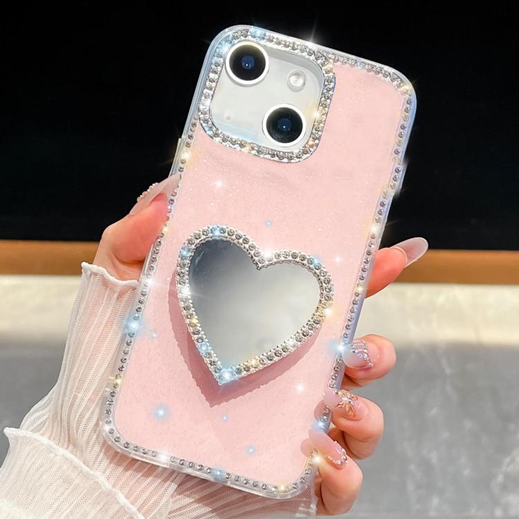 For iPhone 15 Diamond Glitter Mirror Heart Holder Phone Case