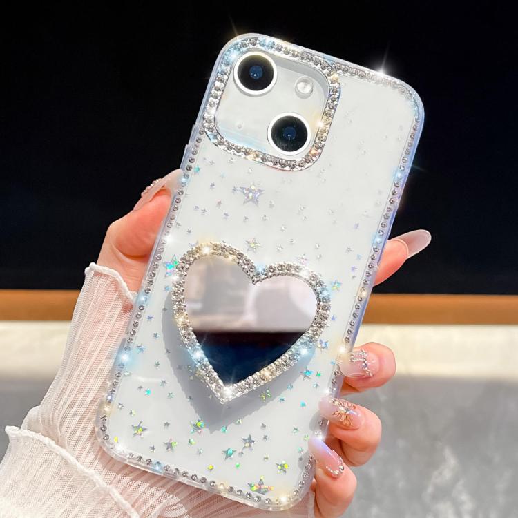 For iPhone 15 Diamond Glitter Mirror Heart Holder Phone Case