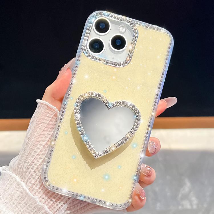For iPhone 14 Pro Diamond Glitter Mirror Heart Holder Phone Case