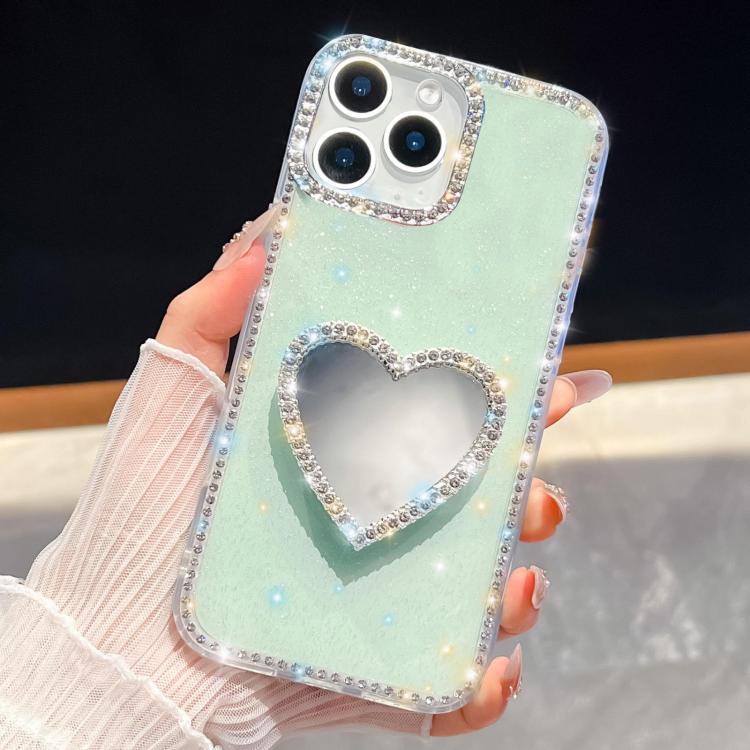 For iPhone 14 Pro Diamond Glitter Mirror Heart Holder Phone Case