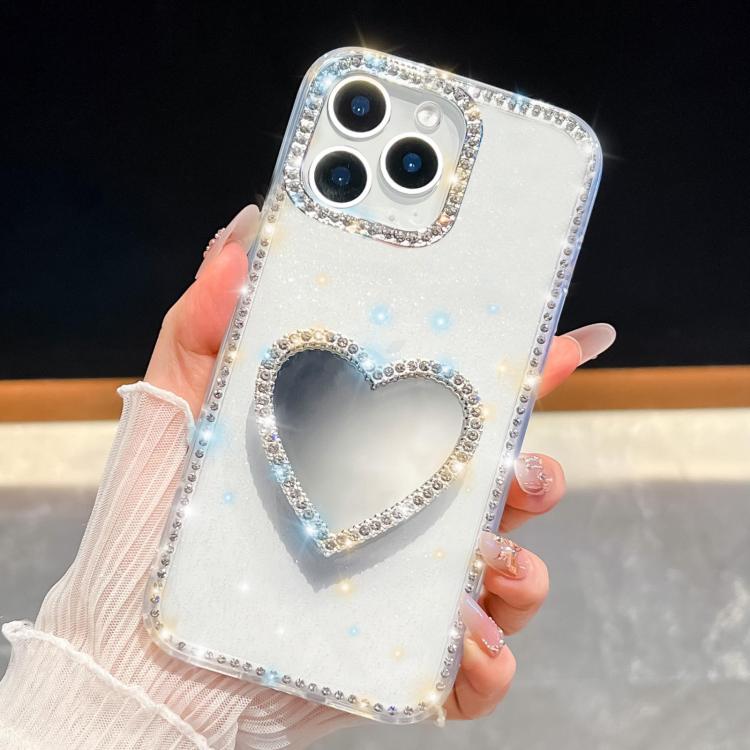 For iPhone 14 Pro Diamond Glitter Mirror Heart Holder Phone Case