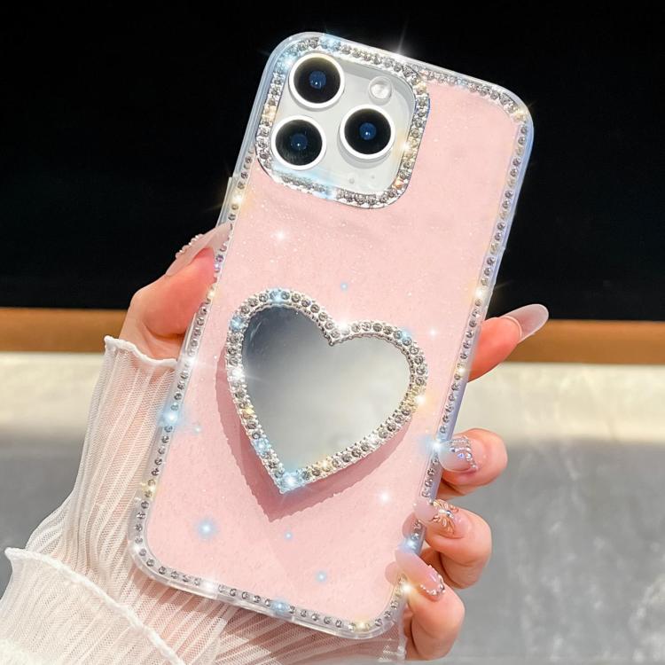 For iPhone 14 Pro Max Diamond Glitter Mirror Heart Holder Phone Case