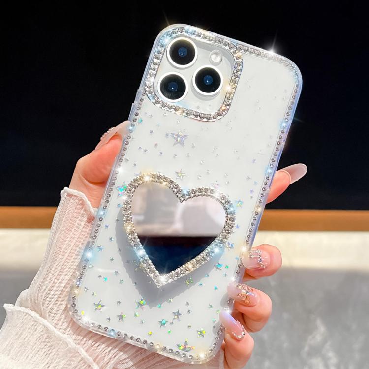 For iPhone 13 Pro Max Diamond Glitter Mirror Heart Holder Phone Case