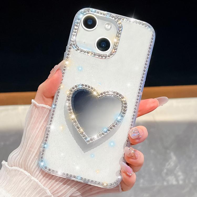 For iPhone 13 Diamond Glitter Mirror Heart Holder Phone Case