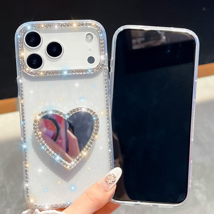 For iPhone 14 Pro Diamond Glitter Mirror Heart Holder Phone Case