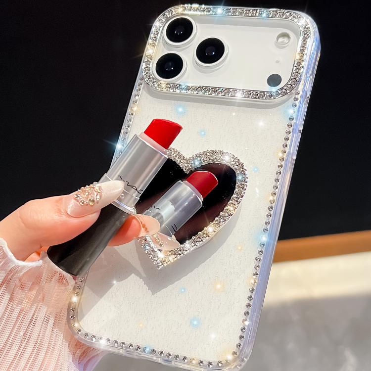 For iPhone 15 Pro Diamond Glitter Mirror Heart Holder Phone Case
