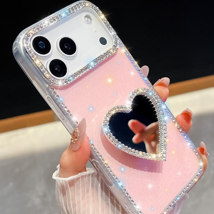 For iPhone Air Diamond Glitter Mirror Heart Holder Phone Case