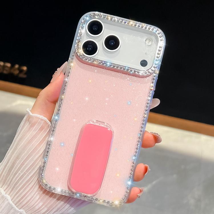 For iPhone 17 Pro Rhinestone Glitter TPU 4-corners Anti-fall Phone Case with Holder