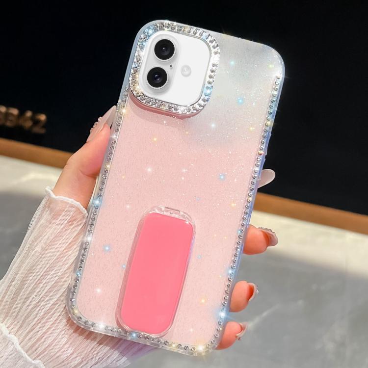 For iPhone 16 Rhinestone Glitter TPU 4-corners Anti-fall Phone Case with Holder