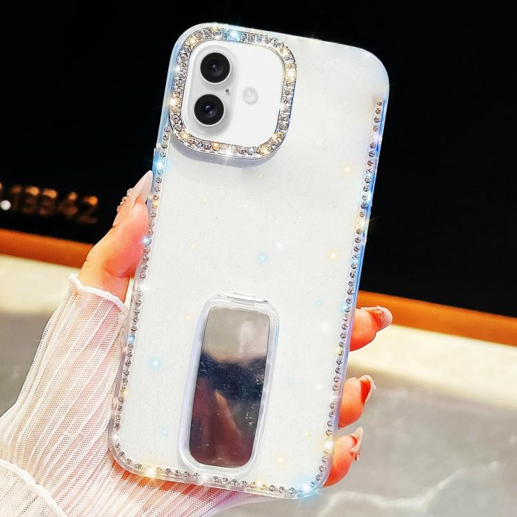 For iPhone 16 Rhinestone Glitter TPU 4-corners Anti-fall Phone Case with Holder