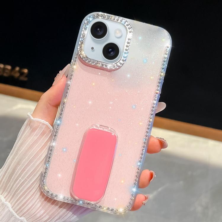 For iPhone 15 Rhinestone Glitter TPU 4-corners Anti-fall Phone Case with Holder