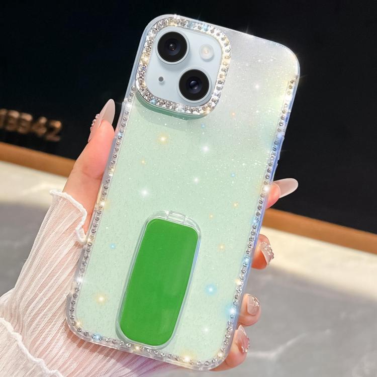 For iPhone 15 Rhinestone Glitter TPU 4-corners Anti-fall Phone Case with Holder