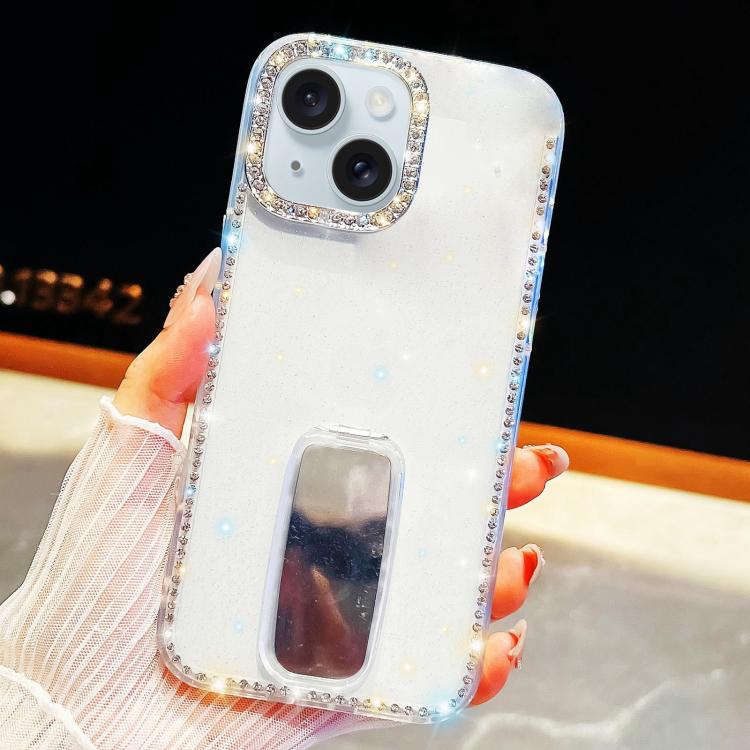 For iPhone 15 Rhinestone Glitter TPU 4-corners Anti-fall Phone Case with Holder