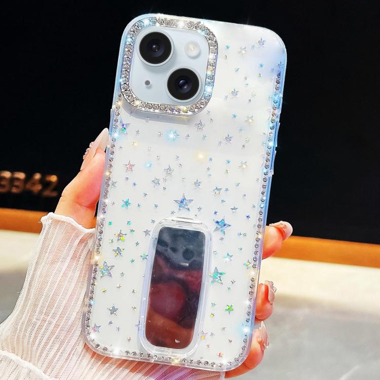 For iPhone 15 Rhinestone Glitter TPU 4-corners Anti-fall Phone Case with Holder
