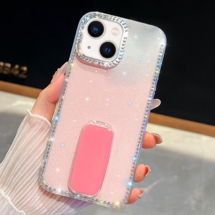 For iPhone 13 Rhinestone Glitter TPU 4-corners Anti-fall Phone Case with Holder