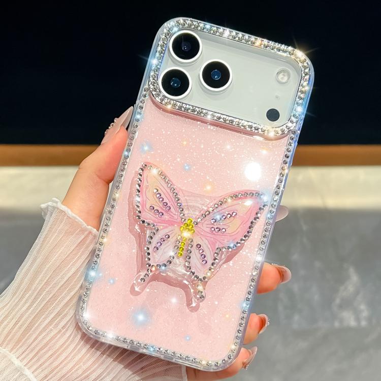 For iPhone 17 Pro Max Diamond Glitter Butterfly Holder Phone Case