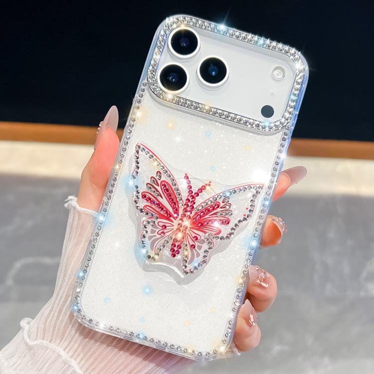 For iPhone 17 Pro Max Diamond Glitter Butterfly Holder Phone Case