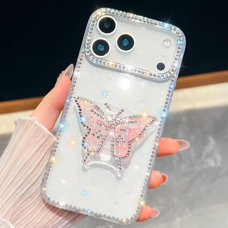 For iPhone 17 Pro Max Diamond Glitter Butterfly Holder Phone Case