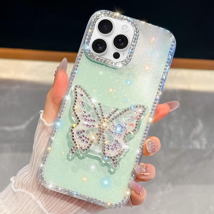 For iPhone 16 Pro Diamond Glitter Butterfly Holder Phone Case