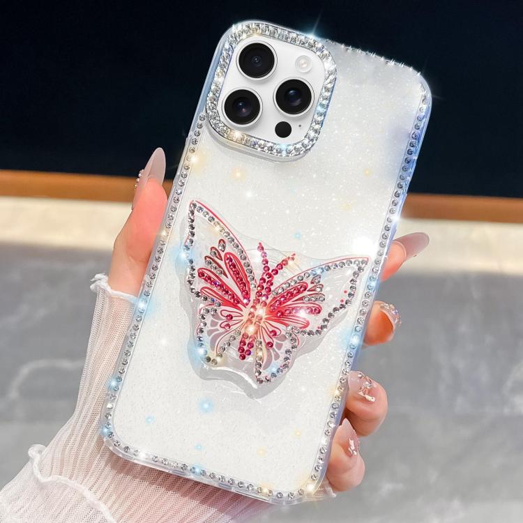 For iPhone 16 Pro Diamond Glitter Butterfly Holder Phone Case