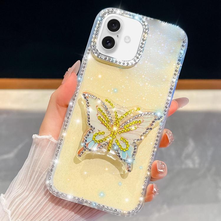 For iPhone 16 Plus Diamond Glitter Butterfly Holder Phone Case
