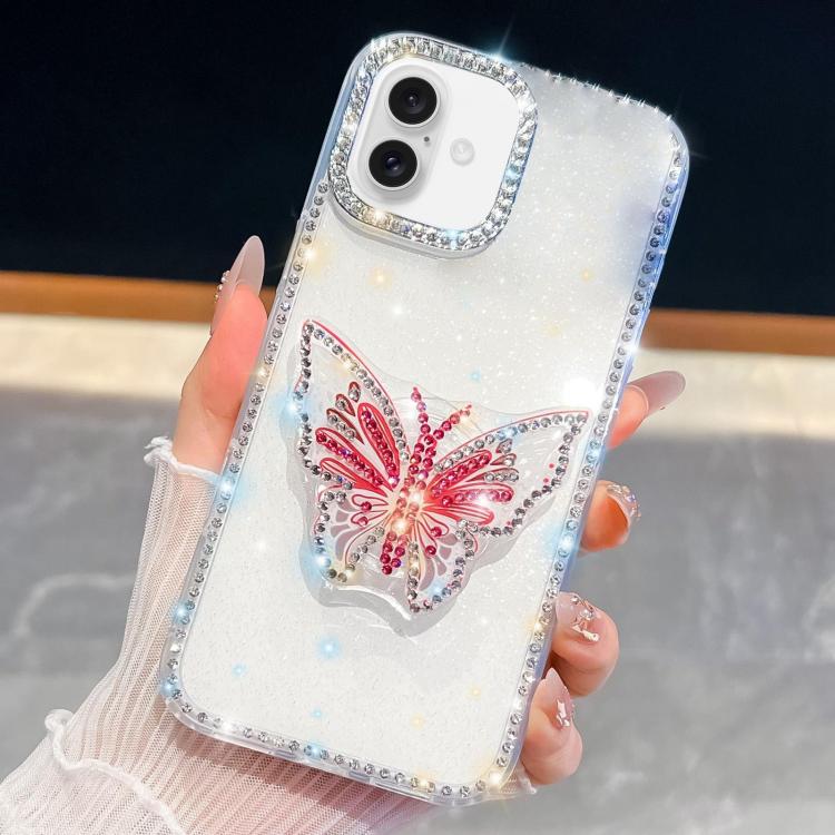 For iPhone 16 Plus Diamond Glitter Butterfly Holder Phone Case