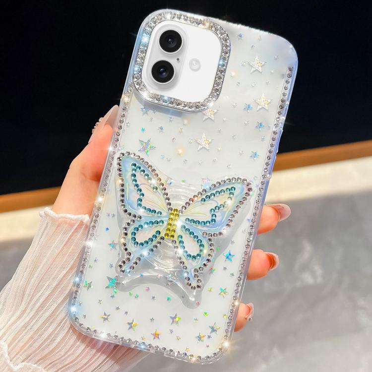 For iPhone 16 Plus Diamond Glitter Butterfly Holder Phone Case