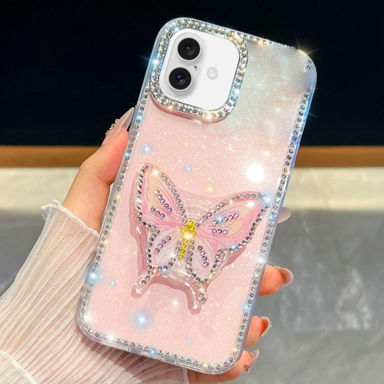 For iPhone 16 Diamond Glitter Butterfly Holder Phone Case