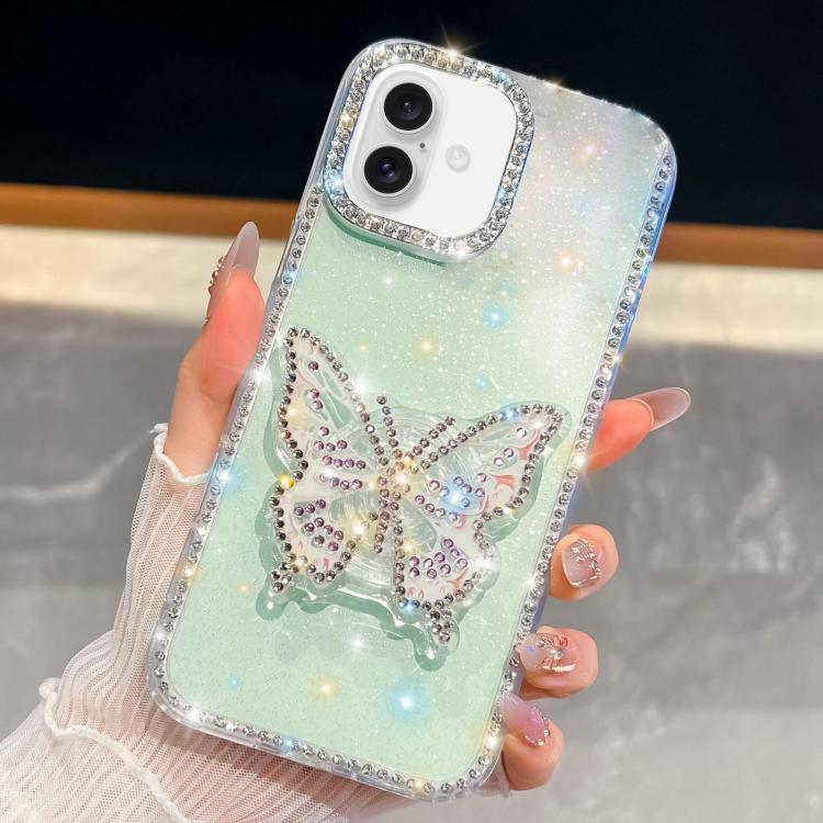 For iPhone 16 Diamond Glitter Butterfly Holder Phone Case