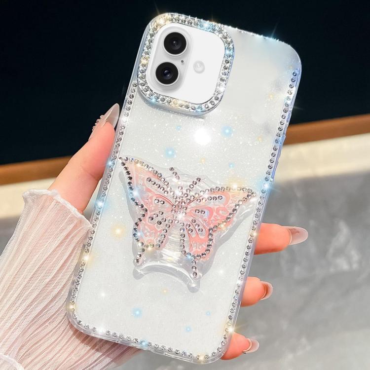 For iPhone 16 Diamond Glitter Butterfly Holder Phone Case