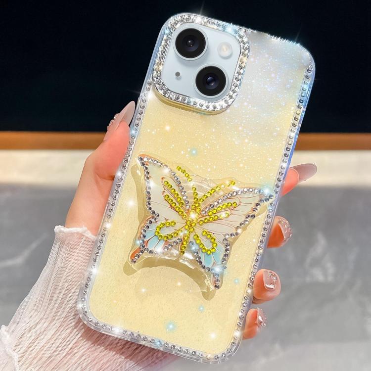 For iPhone 15 Diamond Glitter Butterfly Holder Phone Case