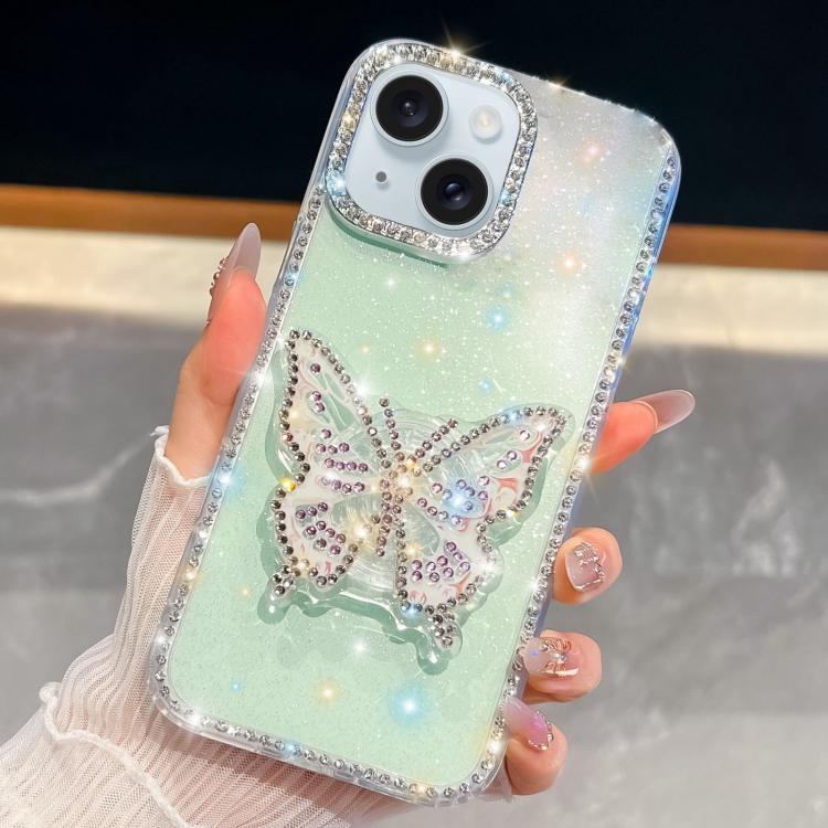 For iPhone 15 Diamond Glitter Butterfly Holder Phone Case