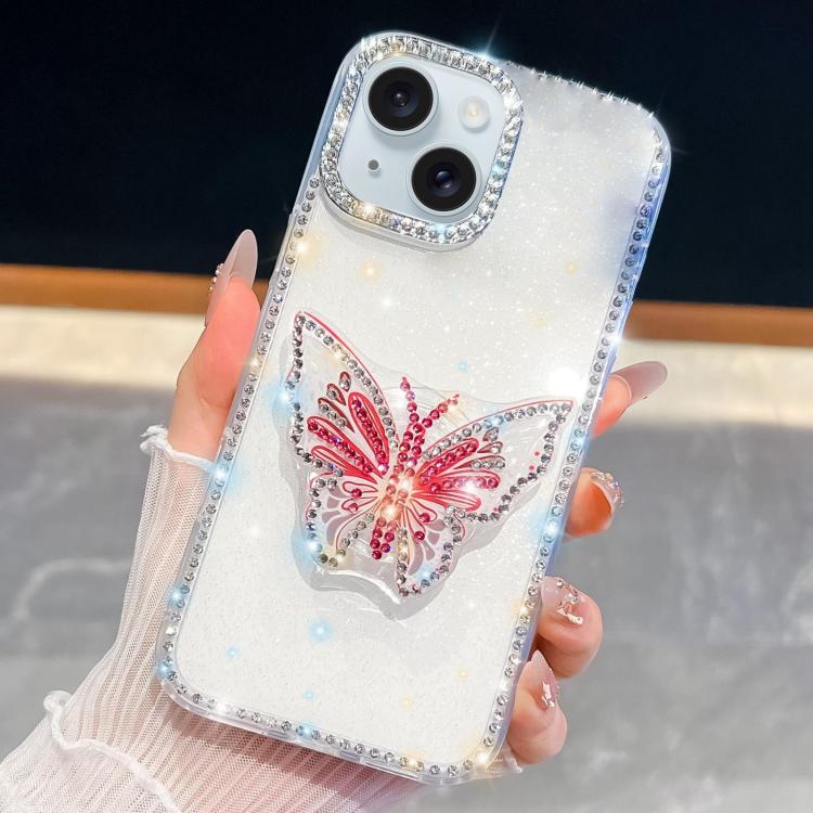 For iPhone 15 Diamond Glitter Butterfly Holder Phone Case