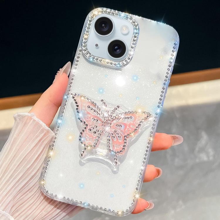 For iPhone 15 Diamond Glitter Butterfly Holder Phone Case