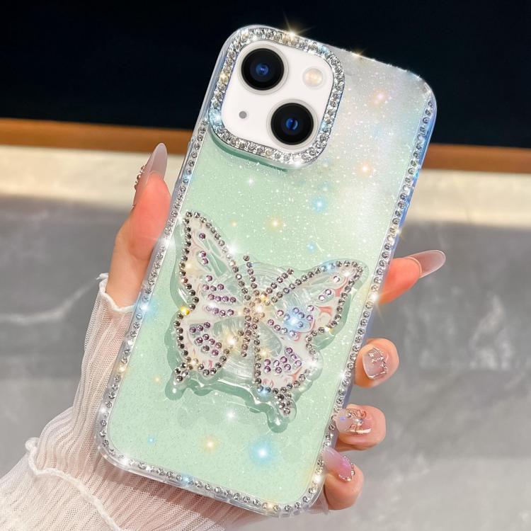For iPhone 14 Diamond Glitter Butterfly Holder Phone Case