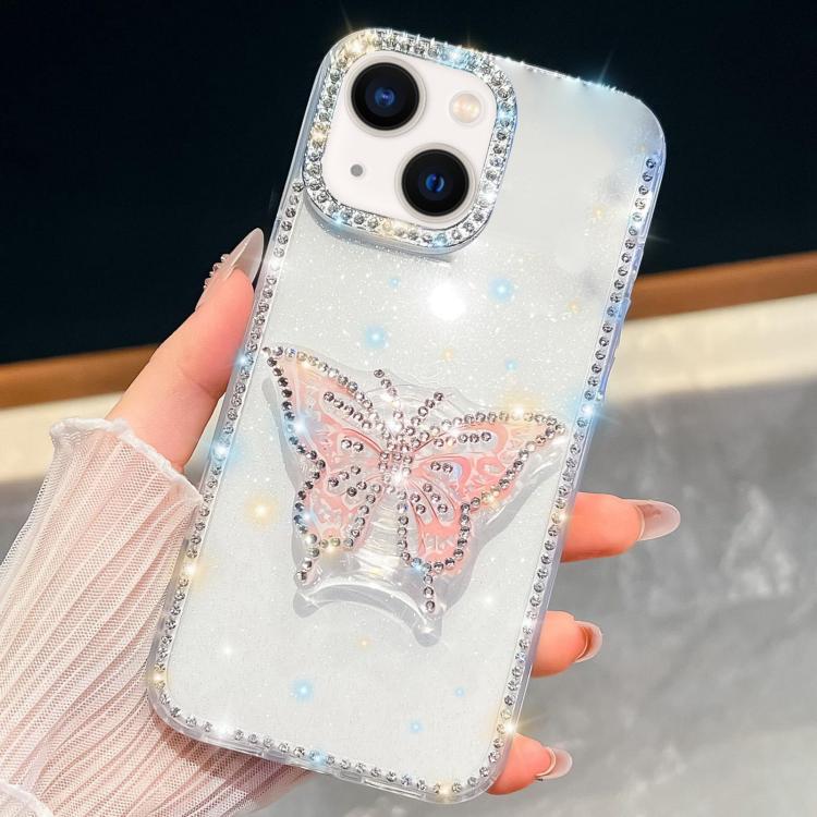 For iPhone 14 Diamond Glitter Butterfly Holder Phone Case