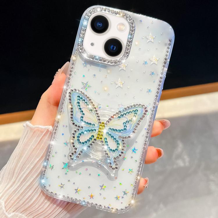 For iPhone 14 Diamond Glitter Butterfly Holder Phone Case