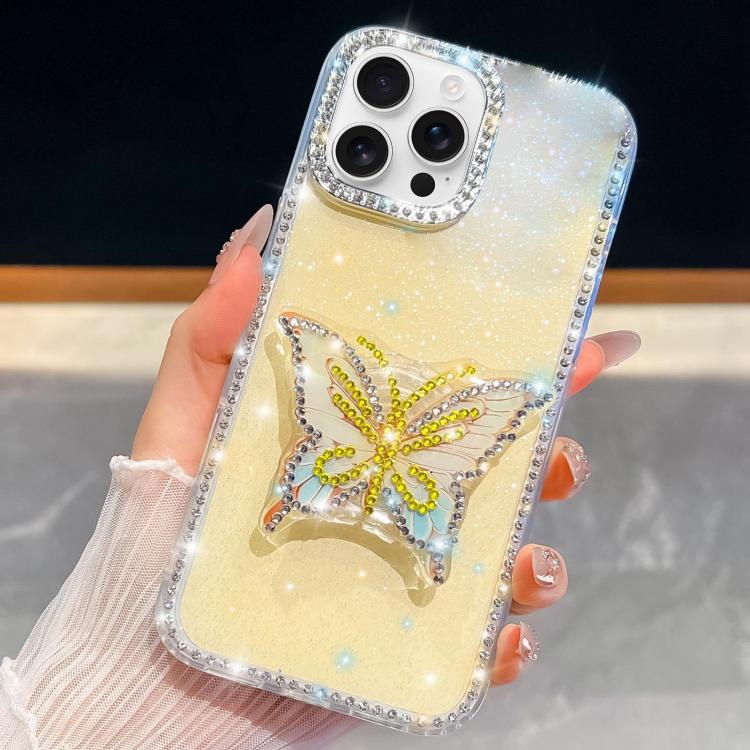 For iPhone 14 Pro Max Diamond Glitter Butterfly Holder Phone Case