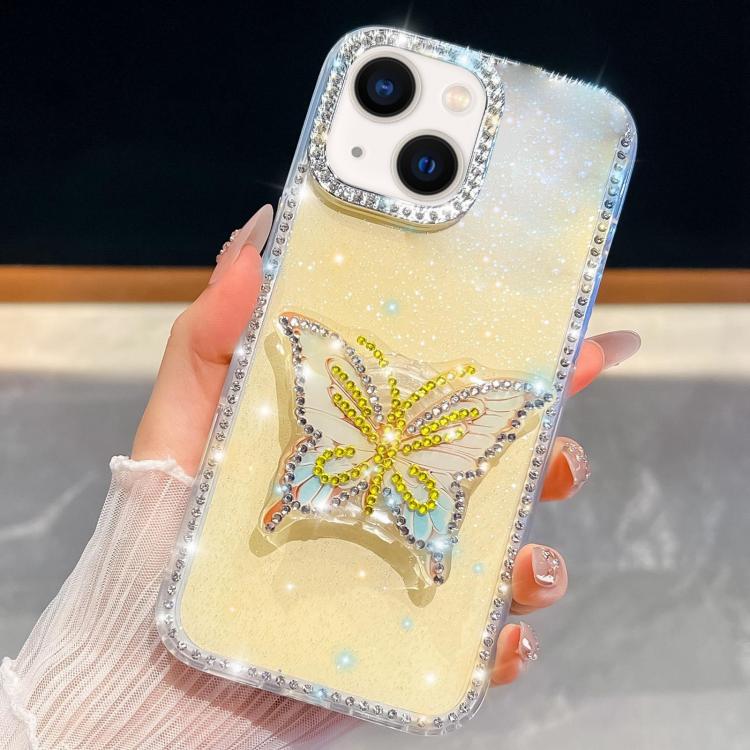 For iPhone 13 Diamond Glitter Butterfly Holder Phone Case