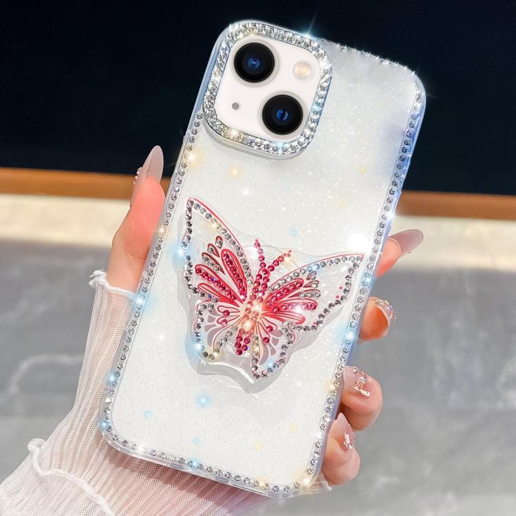 For iPhone 13 Diamond Glitter Butterfly Holder Phone Case