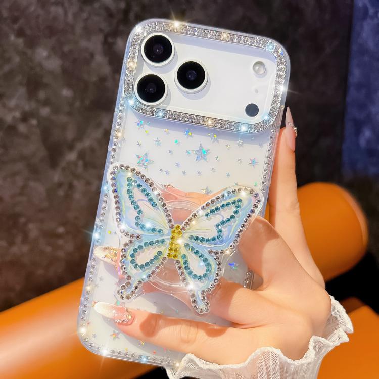 For iPhone 13 Diamond Glitter Butterfly Holder Phone Case