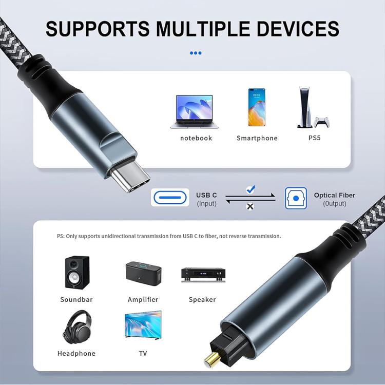 1.8m JUNSUNMAY Male USB Type-C to Male Toslink Optical Audio SPDIF Cable