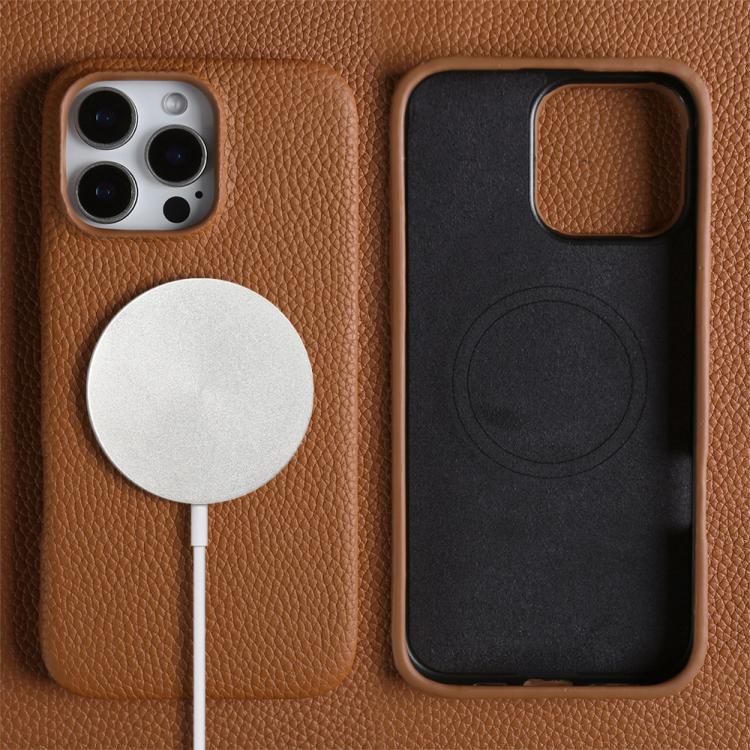 For iPhone 15 Pro Litchi Texture Genuine Leather MagSafe Back Phone Case