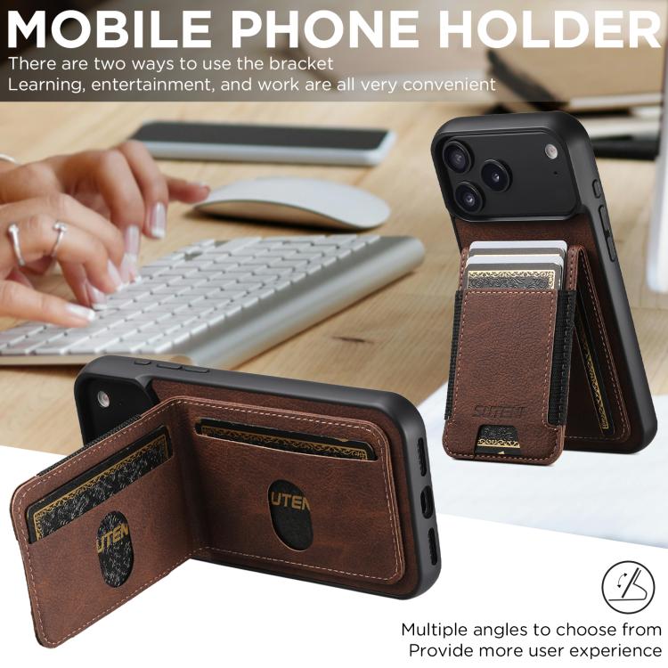 For iPhone 17 Pro Max Suteni H03 Litchi Leather Card Bag Stand Back Phone Case