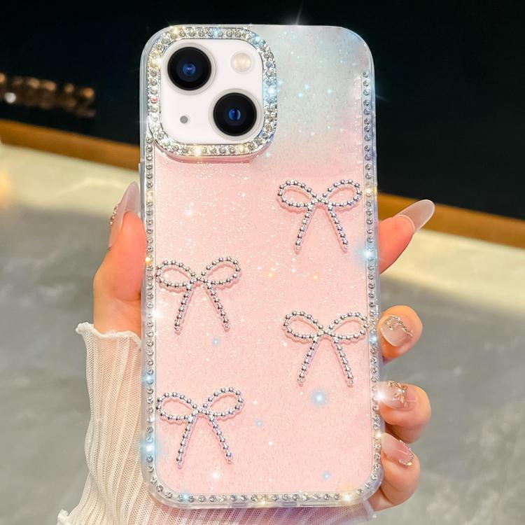 For iPhone 14 Diamond Glitter Bow-knot Four-Corner Shockproof Phone Case