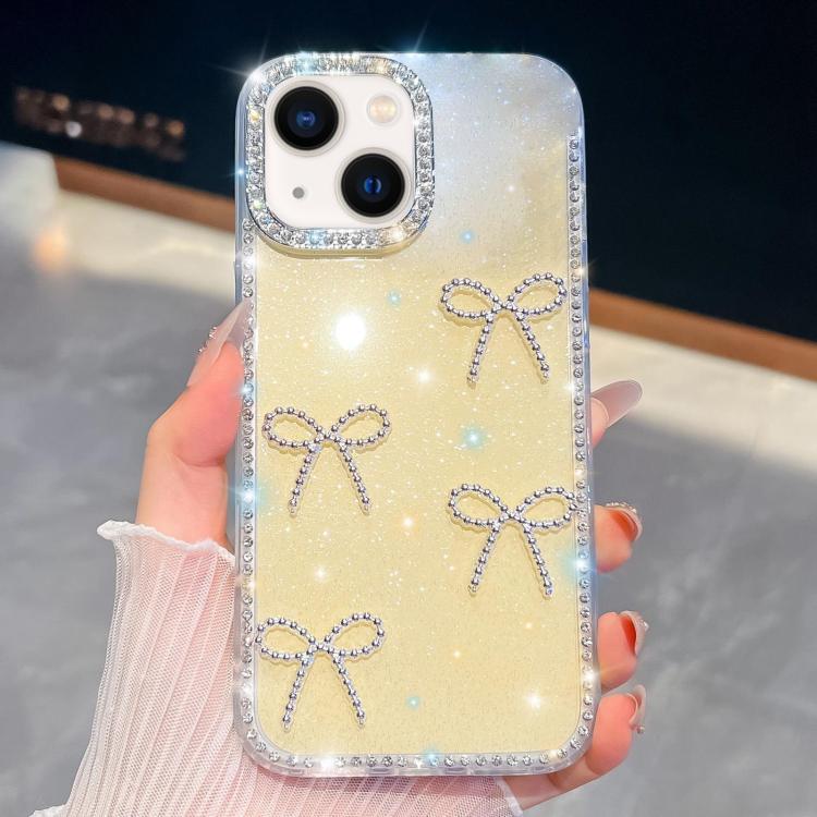 For iPhone 14 Diamond Glitter Bow-knot Four-Corner Shockproof Phone Case
