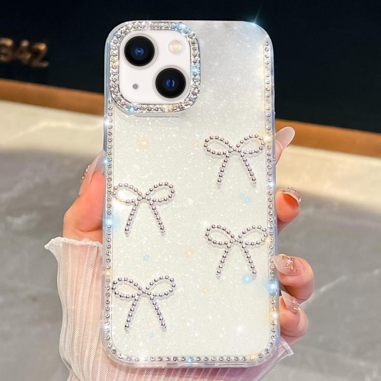 For iPhone 14 Diamond Glitter Bow-knot Four-Corner Shockproof Phone Case